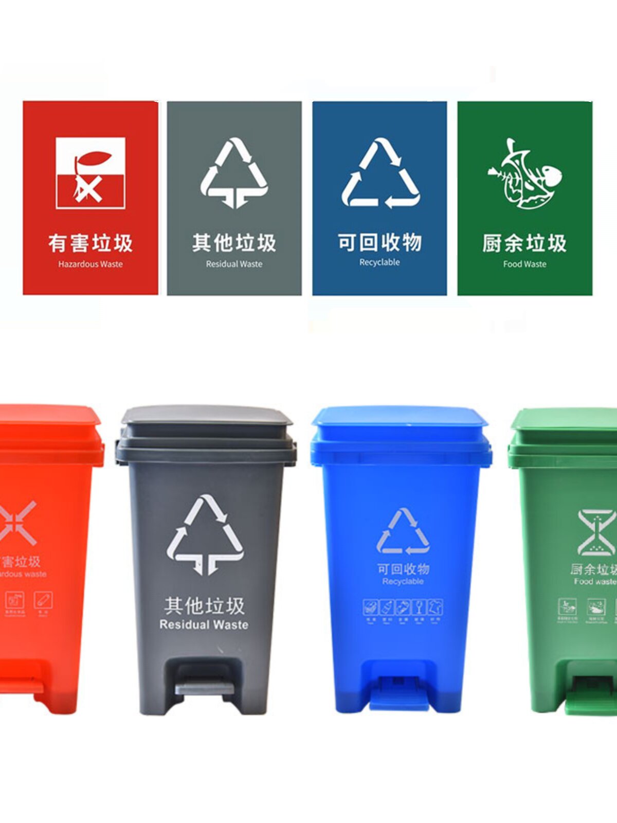水居客垃圾分类垃圾桶带盖家用脚踏大号脚踩厨余四色红蓝绿灰国标