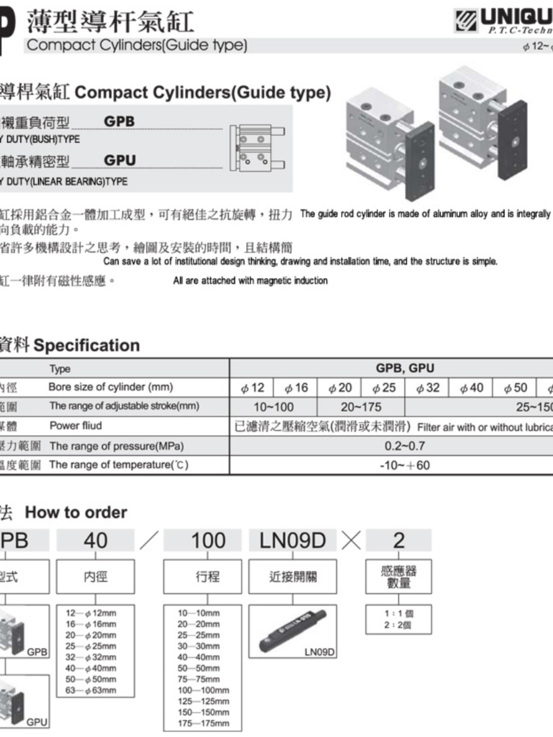 替UNIQUC优力克GPU气缸GPB12 16 20 25 32 40 50 63/1030/LN09D*2