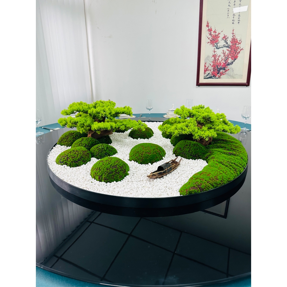 酒店大圆桌中间转盘摆花中式餐桌枯山水摆件桌面造景装饰花艺沙盘