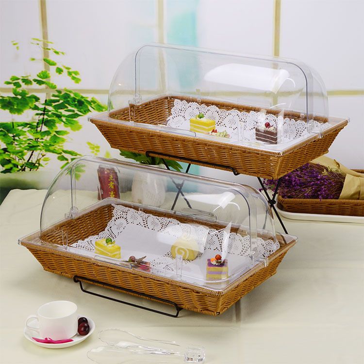 热卖促销面包篮筐仿藤带盖蛋糕点心食物展示托盘水果篮欧式长方形