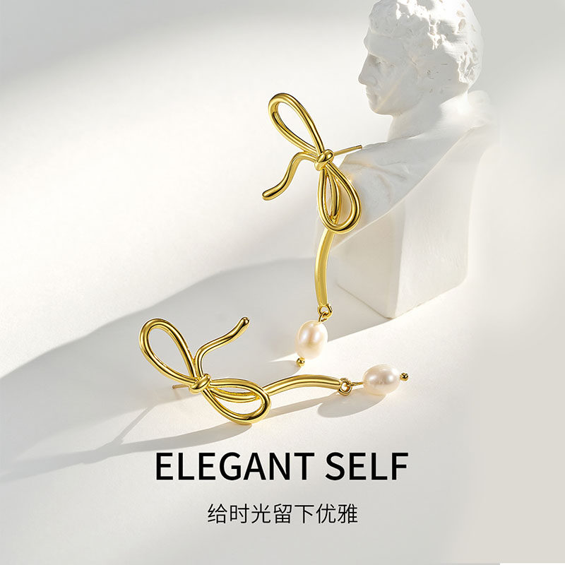 梦金园银饰 蝴蝶珍珠925银耳钉女秋冬小众轻奢耳饰新年情人节礼物