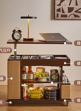 实木可移动边几巴士升降茶几家用客厅沙发边柜子中古风小推车简易