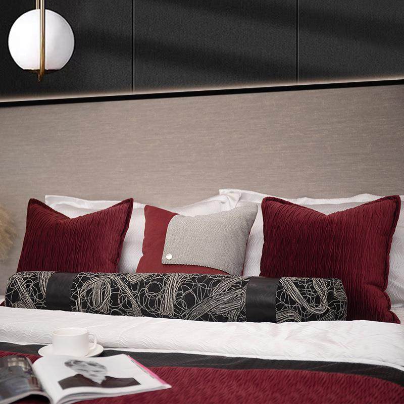 简约酒红色民宿酒店床头多件套软装设计师样板房配饰客厅沙发抱枕,居家布艺,抱枕被,淘宝优惠券,粉丝福利购,淘宝优惠卷
