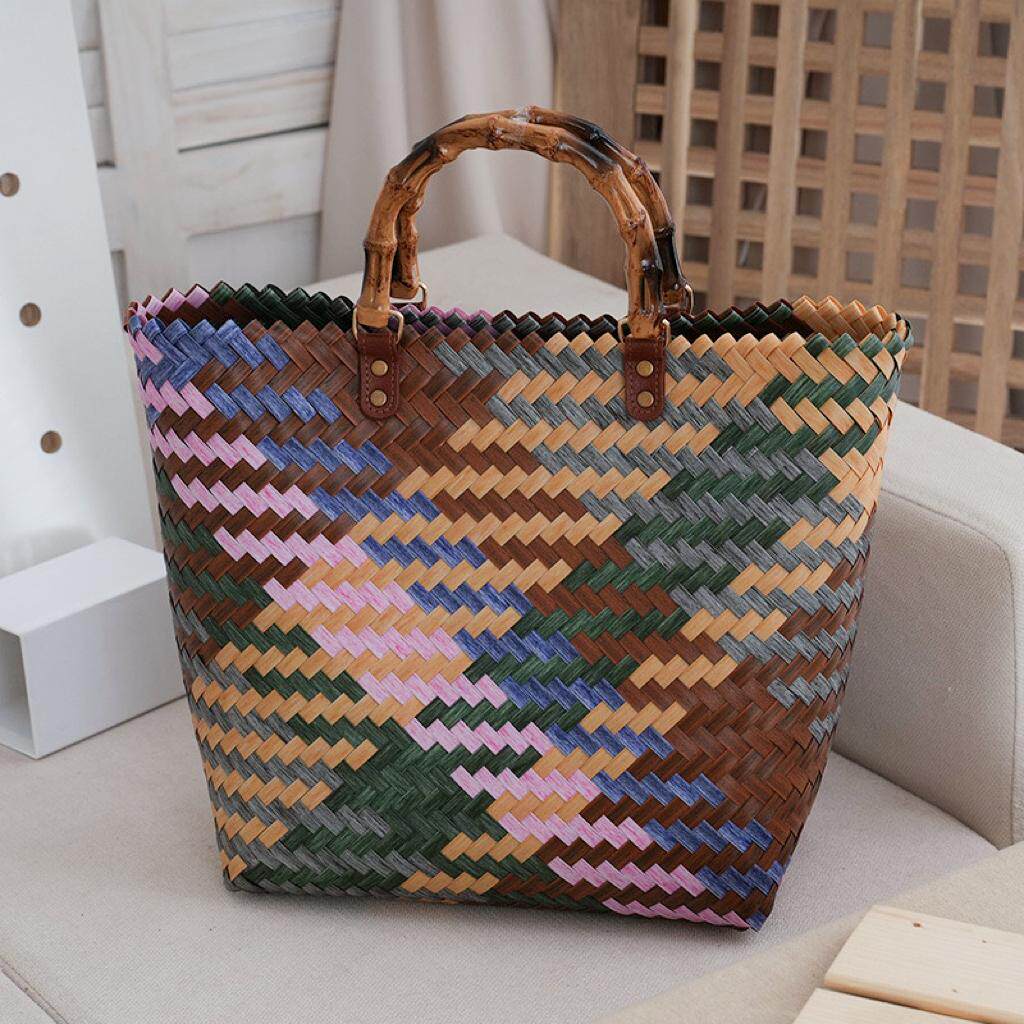 2025新款藤编手提包大容量草编包菜篮子竹节包包复古竹编饭盒包