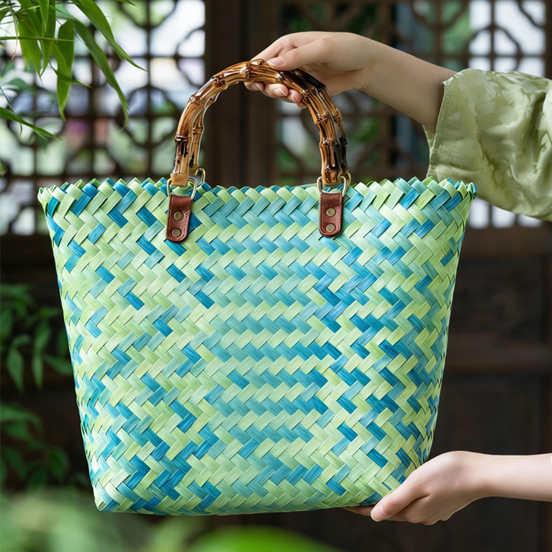 2026新款莫奈花园仿藤手工编织竹节菜篮子端午节包伴手礼袋手提包