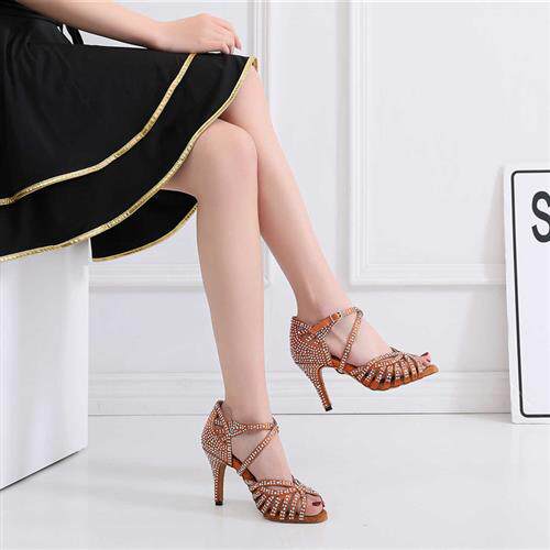 千娇舞带钻女式软底拉丁舞鞋镶钻表演夏季鞋中高跟跳舞鞋黑色恰恰