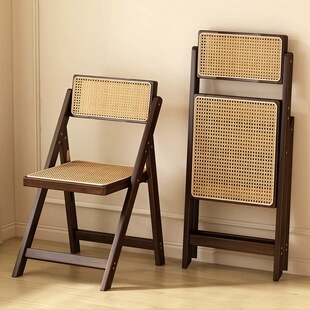 侘寂风藤编椅子家用折叠椅楠竹实木凳子靠背餐椅北欧原木风吃饭椅