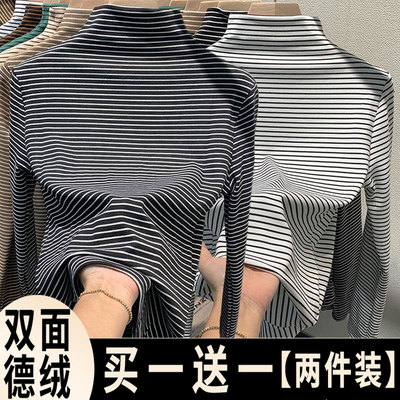 条纹德绒半高领打底衫女秋冬2025