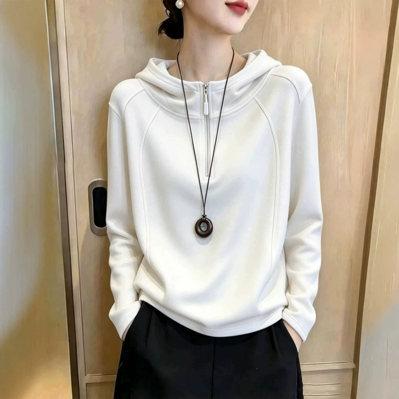 白色半拉链连帽长袖卫衣女装秋冬新款设计感洋气时髦百搭上衣