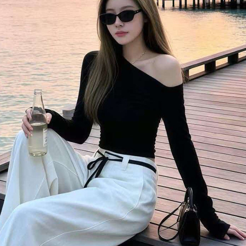 跨境纯欲辣妹修身显瘦露肩长袖T恤女装早秋设计感百搭打底衫上衣