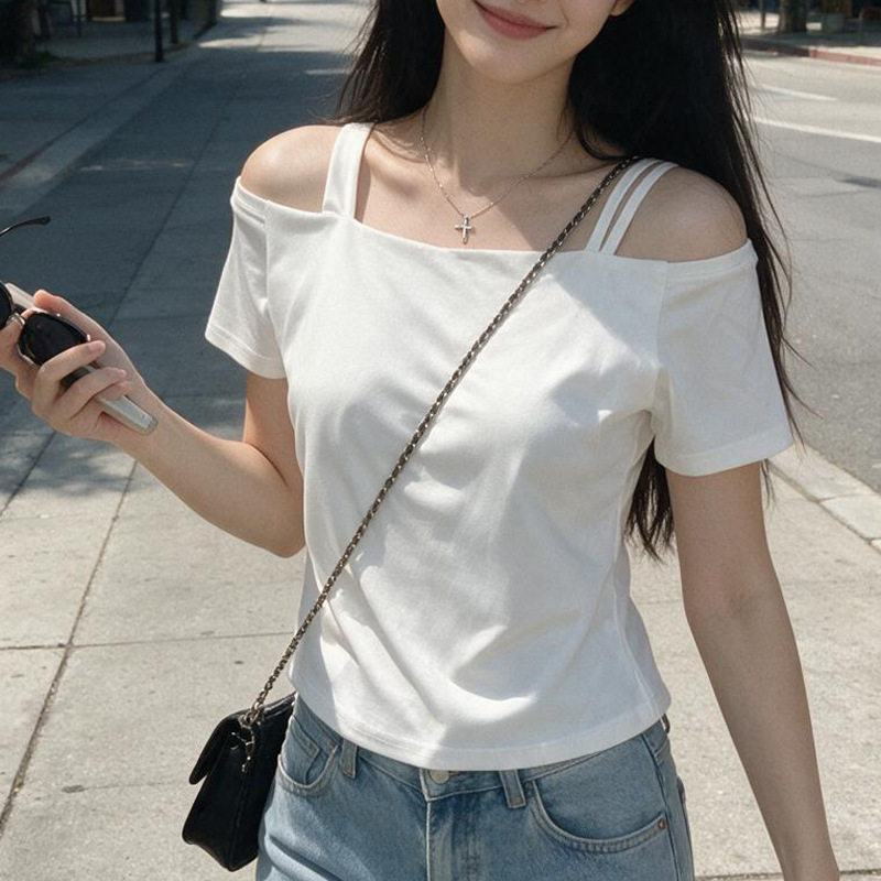 韩系夏季黑色露肩不对称吊带短袖t恤女一字领露肩性感上衣潮