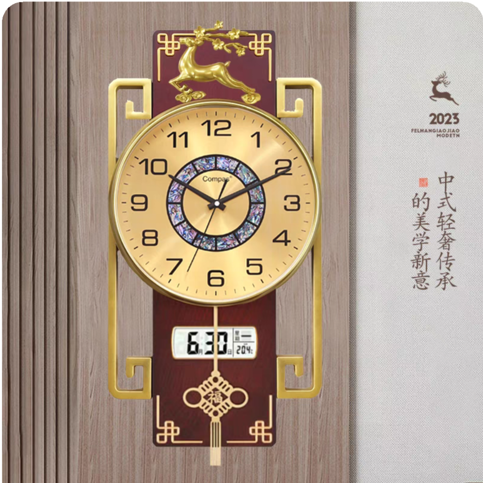 康巴丝客厅挂钟电子石英钟表家用挂墙新中式新款高档钟表万年历
