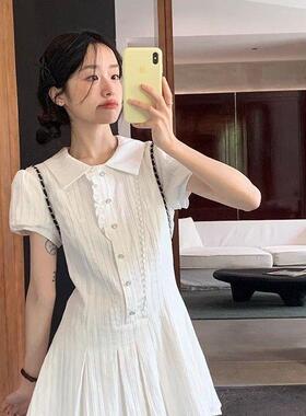 学院风白色泡泡袖衬衫连衣裙子女夏季法式气质小个子收腰甜美短裙