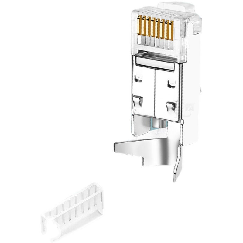 德式水晶镀金头50U8P8C工业拖链网线水晶接头RJ45千兆屏蔽水晶头
