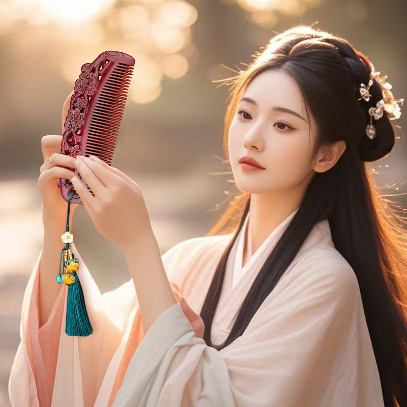 小李子天然紫檀木雕花梳子礼盒女士专用经络按摩梳生日礼物送女友