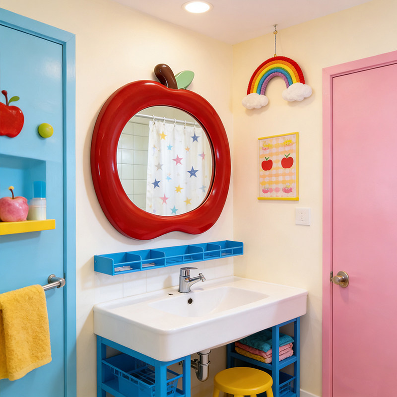 可爱苹果造型化妆镜儿童卫生间智能浴室镜创意艺术客厅玄关装饰镜