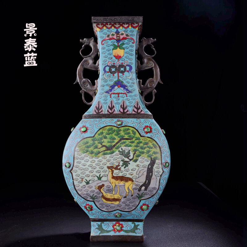 古玩古董收藏老北京掐丝法郎纯铜景泰蓝双耳花瓶一个家居办公室