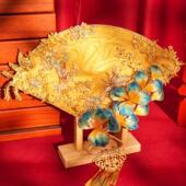 非遗绒花中式 金色秀禾手工喜扇古风婚礼扇新娘团扇结婚diy材料包