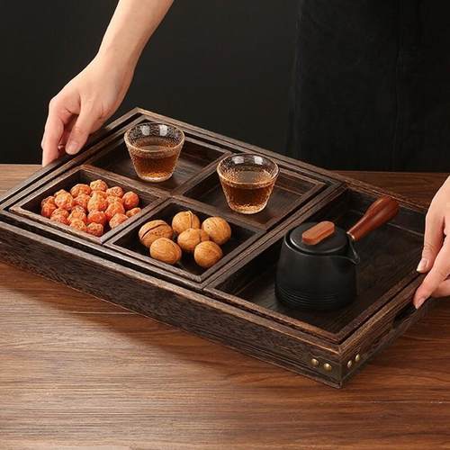 简约覆古木质围炉茶盘实木七件套木茶盘家用烧桐木茶点托 托盘干