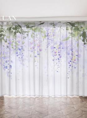 北欧ins风紫色手绘紫藤花卉植物卧室客厅阳台飘窗纱帘透光不透人