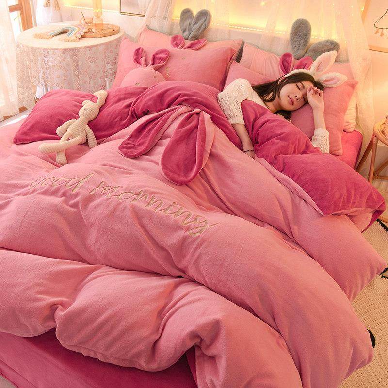 冬季加厚牛奶绒床上四件套双面珊瑚绒可爱兔法兰绒被套2022新款潮,床上用品,学生床品套件,淘宝优惠券,粉丝福利购,淘宝优惠卷