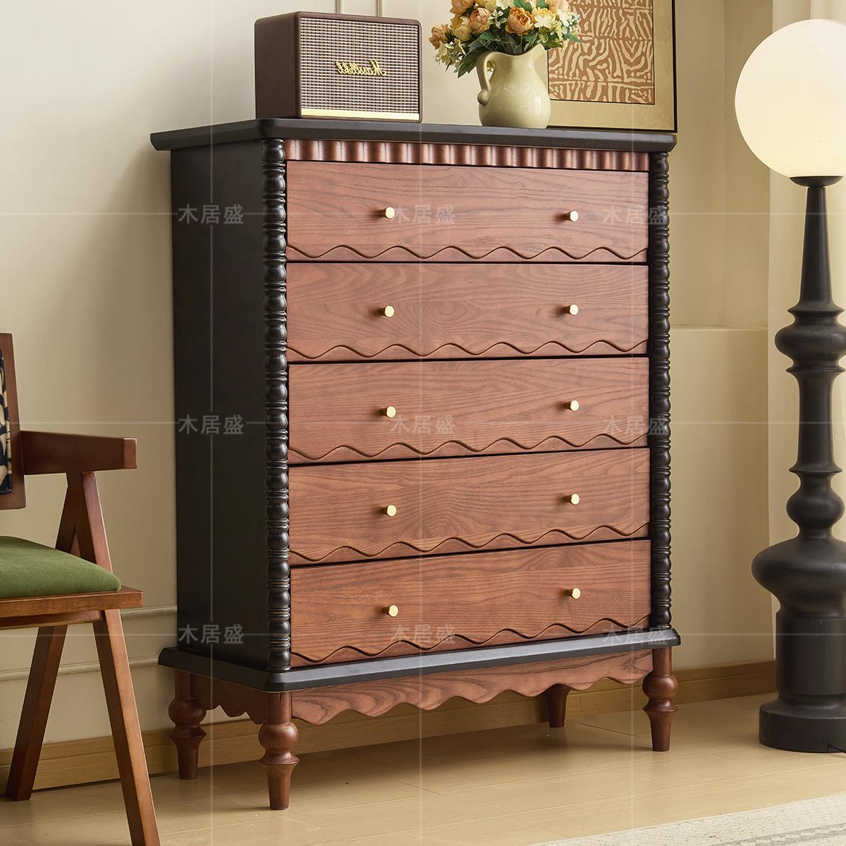 法式覆古实木斗柜家用五七斗橱床尾置物柜中古风客厅储物收纳柜子