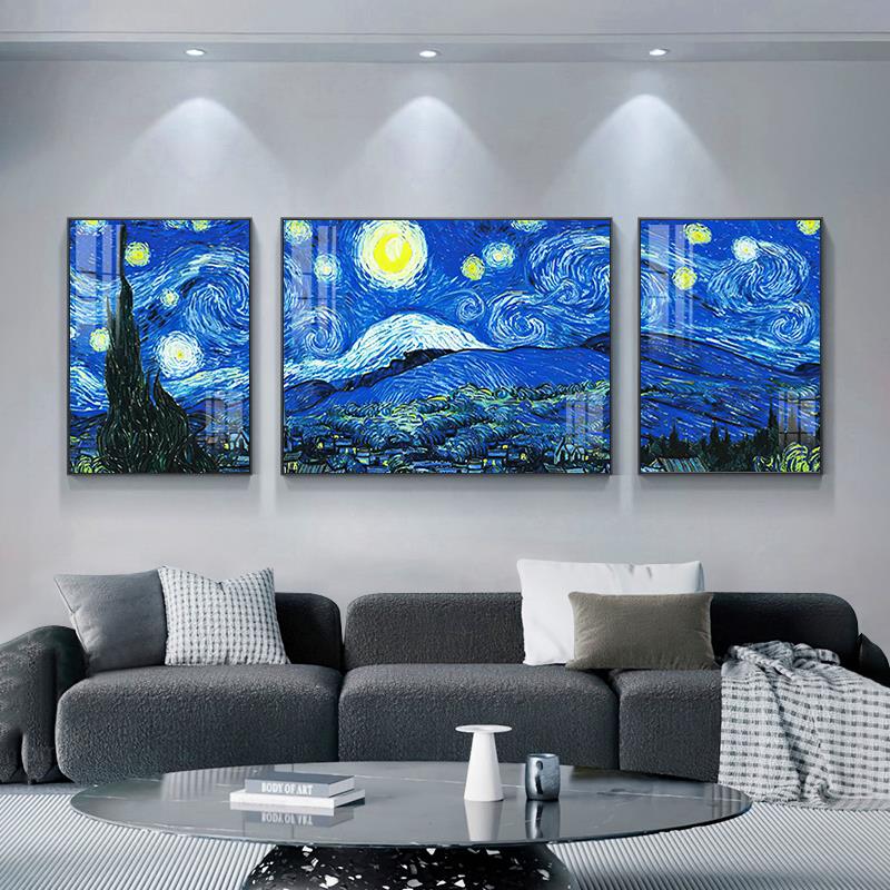 莫奈梵高星空客厅装饰画美术馆酒店会所背景墙挂画高级晶瓷三联画图片