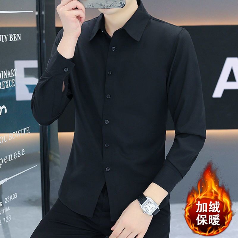 冬季新款男士加绒加厚长袖衬衫中衬衫