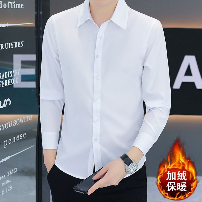 秋冬季保暖衬衣男长袖中年加绒加厚衬衣男士休闲爸爸装黑色衬衫厚