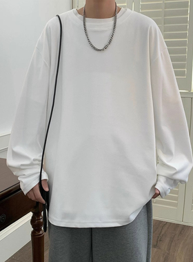 白色休闲打底衫男士秋冬季新款内搭百搭圆领秋衣长袖t恤上衣服男