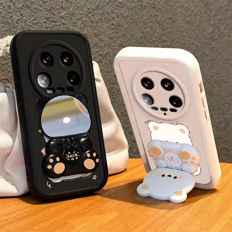 适用小米14Ultra手机壳小熊支架Xiaomi14Utral保护套Uitra新款14U十四Utra镜子硅胶软壳创意镜头全包防摔男女