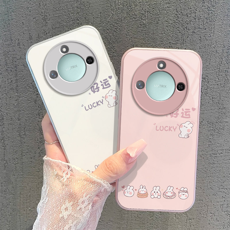 适用荣耀X60手机壳HONORX60保护套X6O华为60X新款叉六零专用简约硬玻璃全包防摔网红曲屏曲面屏男女好运兔子