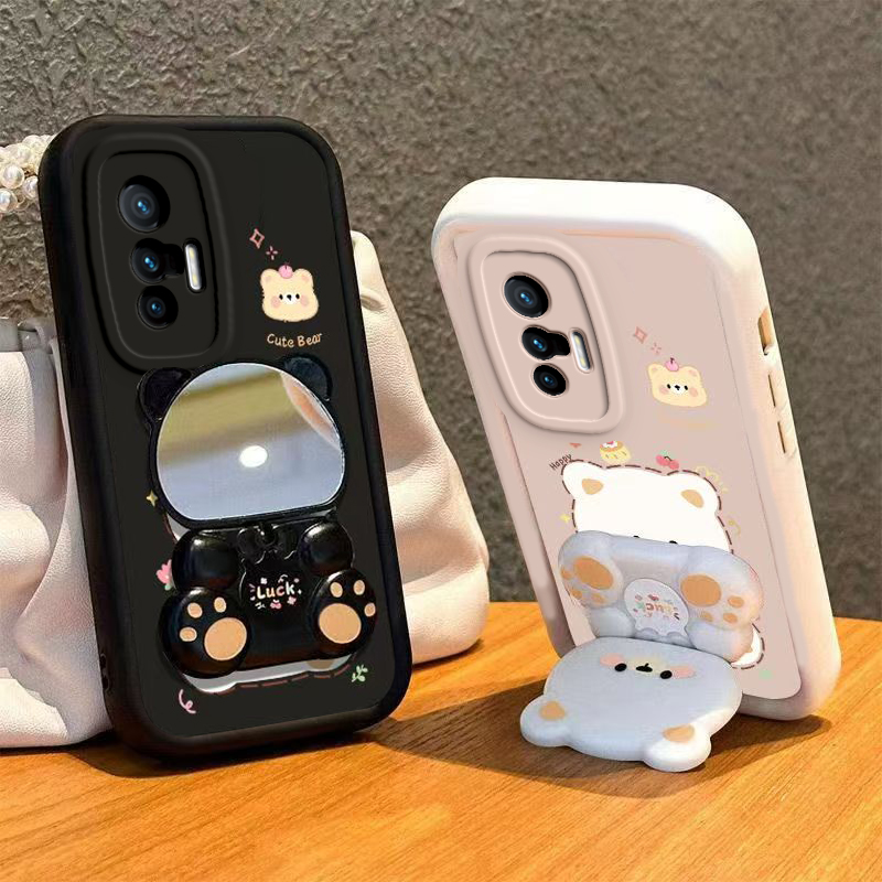 适用vivoX70手机壳小熊支架X70Pro+保护套2024新款vivo高级感镜子硅胶全包防摔步步高维沃viv0叉Por十Pr0男女