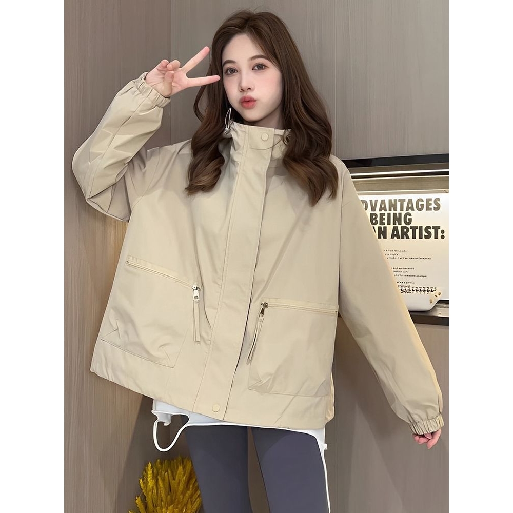 港风炸街棒球服白色短外套女2024春秋新款连帽冲锋衣百搭工装风衣