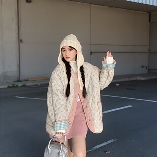 大码女装胖mm复古甜美森系小清新碎花水波纹两面穿拼接棉服外套女