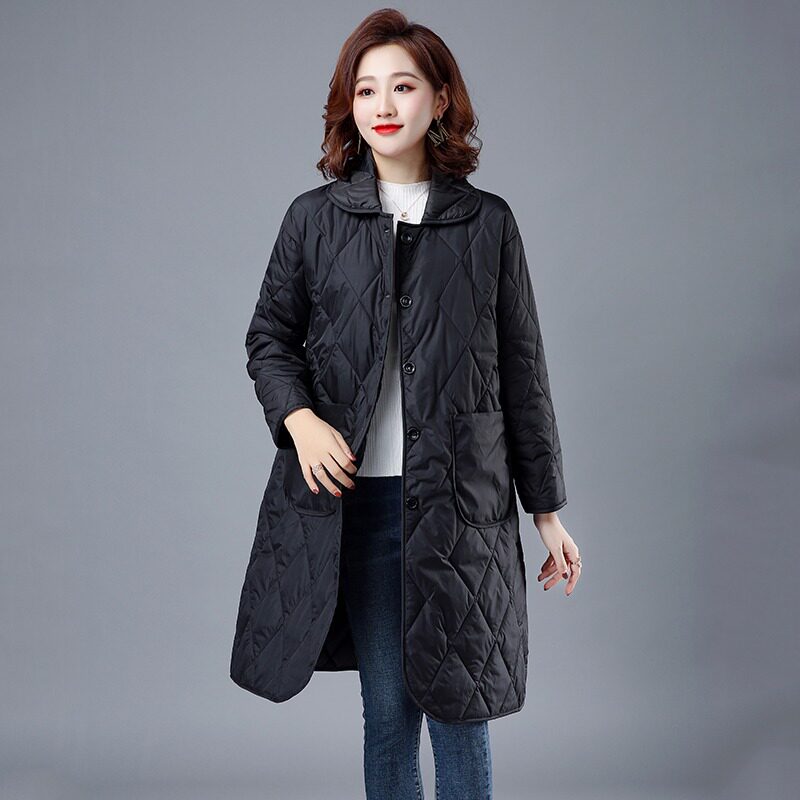 中长款棉衣女冬装新款韩版宽松翻领菱形格轻薄棉棉服棉袄外套