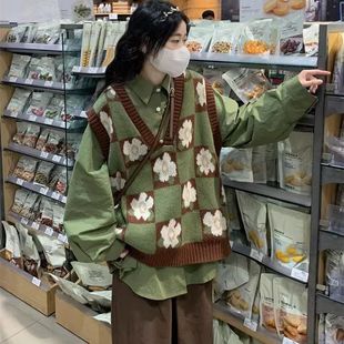 宽松慵懒风百搭叠穿针织毛衣ins外穿 复古日V领马甲背心女士秋冬季