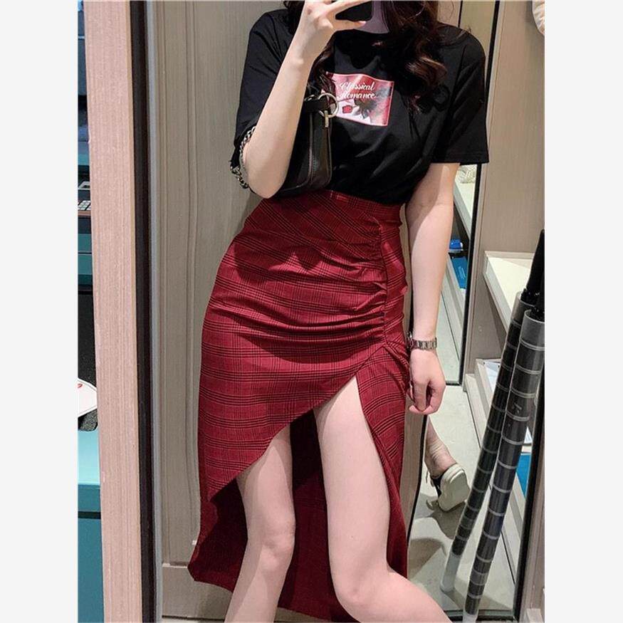 SUIT WOMENS SUMMER WOMENS NEW SHORT-SLEEVED PRINTED T-SHIRT + SLIT A-LINE SKIRT HIGH-WAISTED PLAID SKIRT TWO-PIECE SET