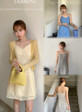 【YOOMINI】v领花边收腰花卉设计感小个子2025夏新款吊带短裙连衣