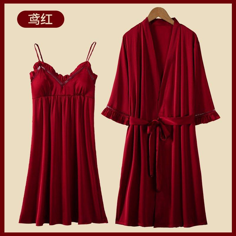 晨袍女新娘红色结婚睡衣婚用高级感冰丝绸吊带睡裙带胸垫夏季两件,女士内衣/男士内衣/家居服,睡袍/浴袍,淘宝优惠券,粉丝福利购,淘宝优惠卷
