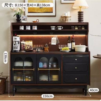 法式复古实木餐边柜子客厅靠墙收纳柜橱柜家用厨房储物柜一体中古