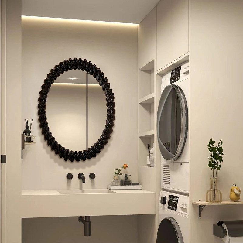 黑色椭圆麻花艺术化妆镜ins风卫生间壁挂LED智能浴室镜酒店洗漱镜