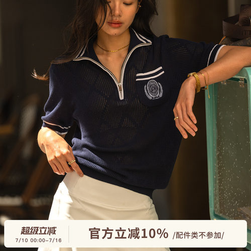 ARCTOBER学院风半拉链镂空网球上衣女蓝绿POLO衫轻薄透气运动短袖
