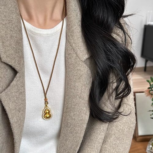 金店同款新中式古法沙金镶钻葫芦吊坠编绳项链女可旋转长款毛衣链