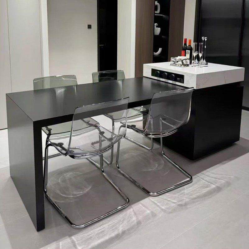 黑白岩板岛台餐桌一体伸缩定制厨房倒台极简家用导台现代简约吧台