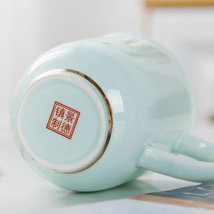 景德镇骨瓷茶杯带盖青釉办公室会议杯金边陶瓷家用水杯子可定制