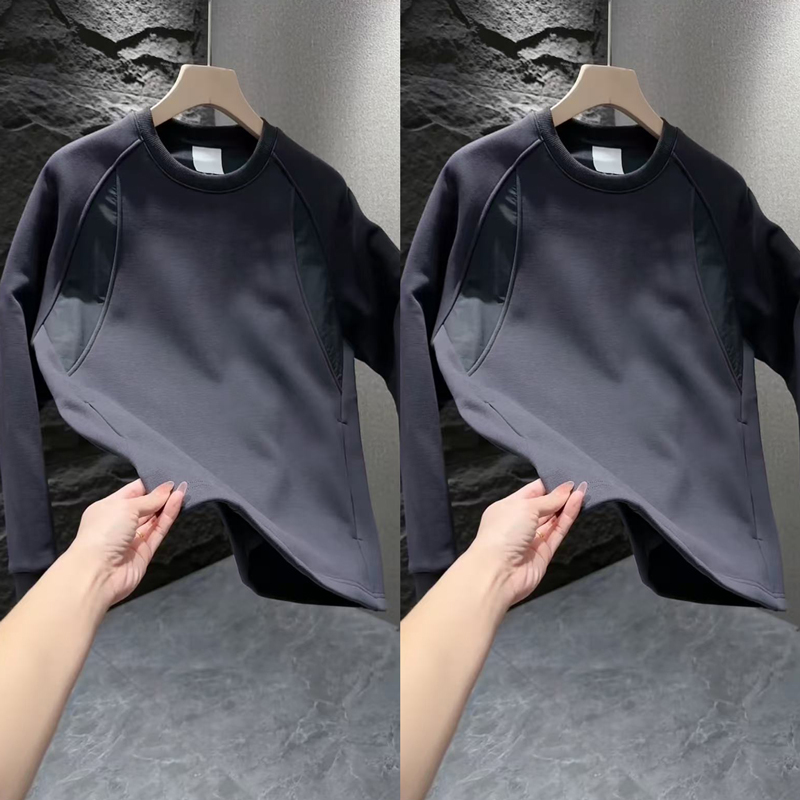 2025年秋冬季新款男士百搭拼接结构款口袋加绒纯色休闲卫衣上衣潮