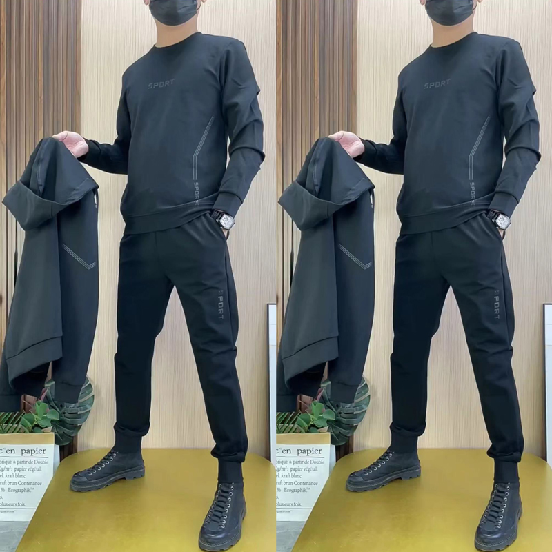 2024年秋冬季男士新款时尚百搭运动休闲三件套加绒加厚宽松连帽潮