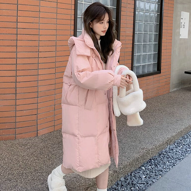 韩国中长款过膝羽绒服女冬季新款时尚韩版宽松加厚白鸭绒连帽外套