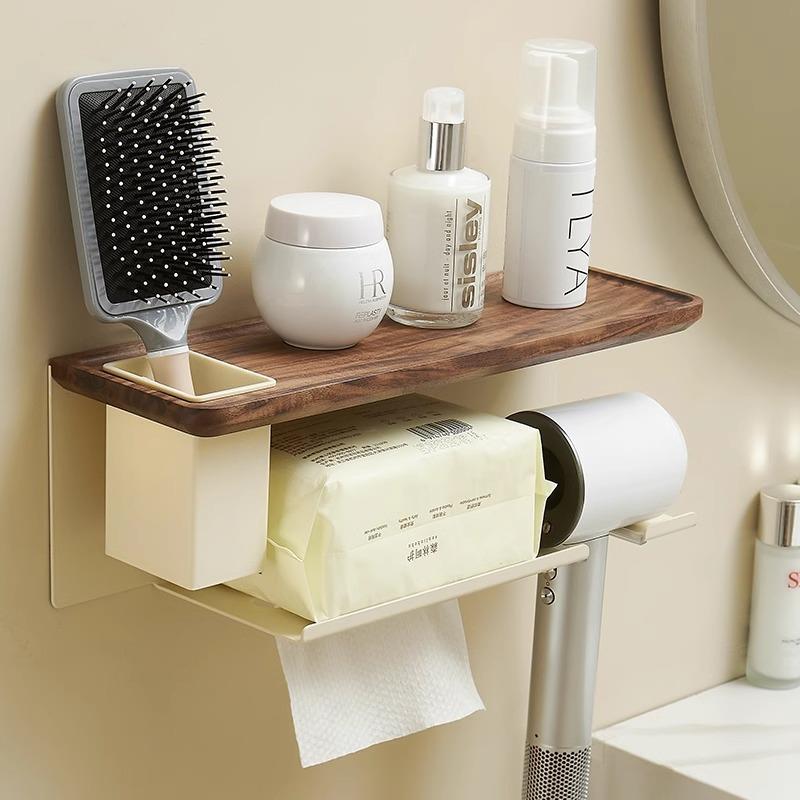 胡桃木奶油风吹风机支架壁挂免打孔卫生间多功能洗脸巾一体置物架